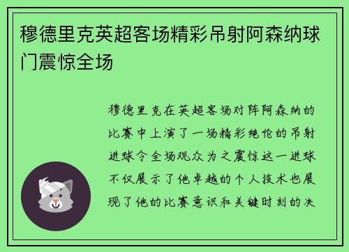 穆德里克英超客场精彩吊射阿森纳球门震惊全场